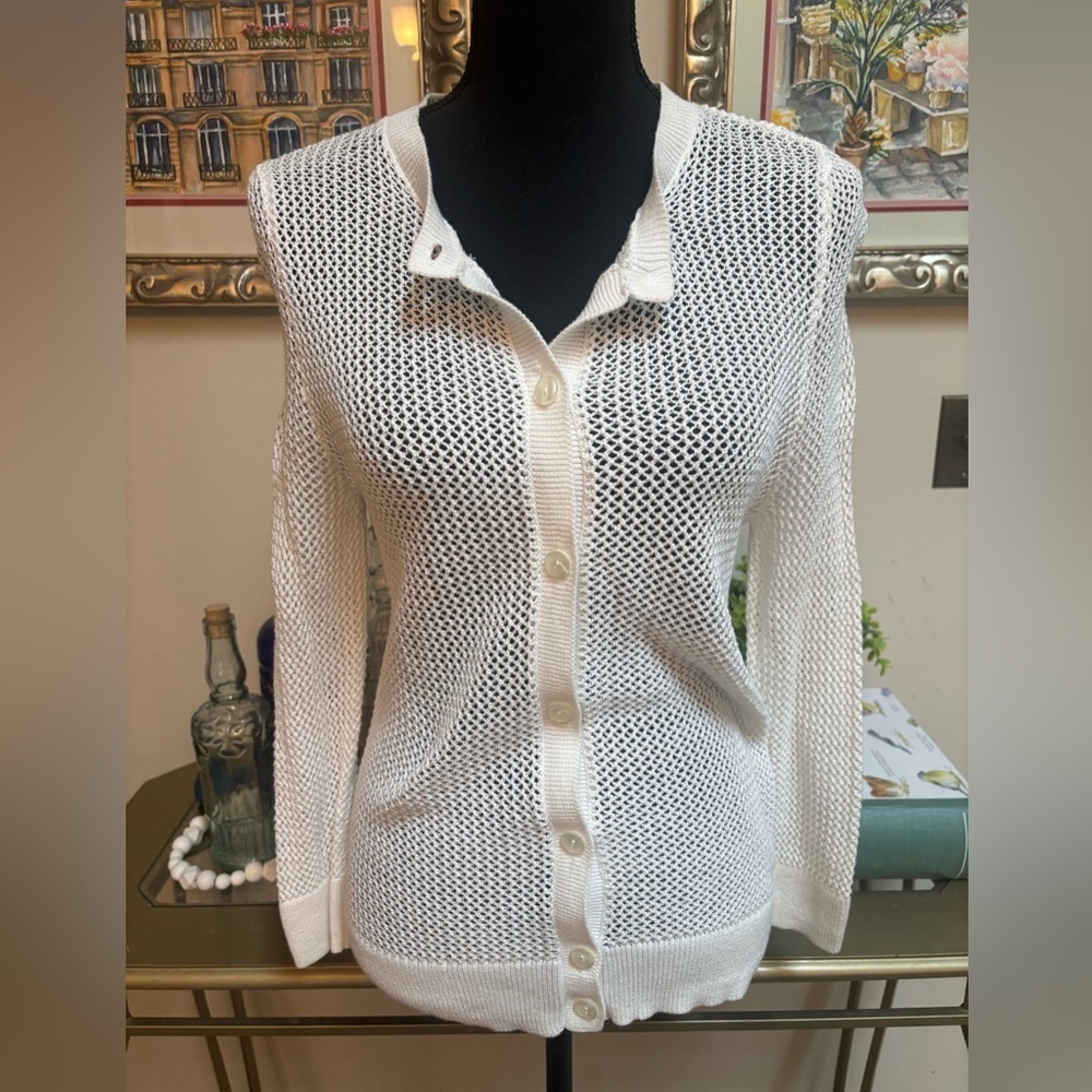 ANN TAYLOR White Button-Up Textured Open Knit Mesh Nautical Cardigan Size M-L